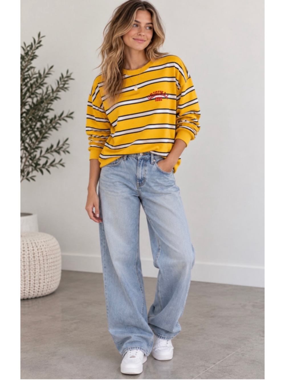 Divided Yellow Striped Small Original 1997 Retro Y2K Pullover